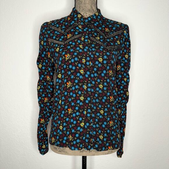 Maje Floral Print Ladder-Seam Snap Button Shirt Women’s Size 1/ Small - Picture 6 of 12